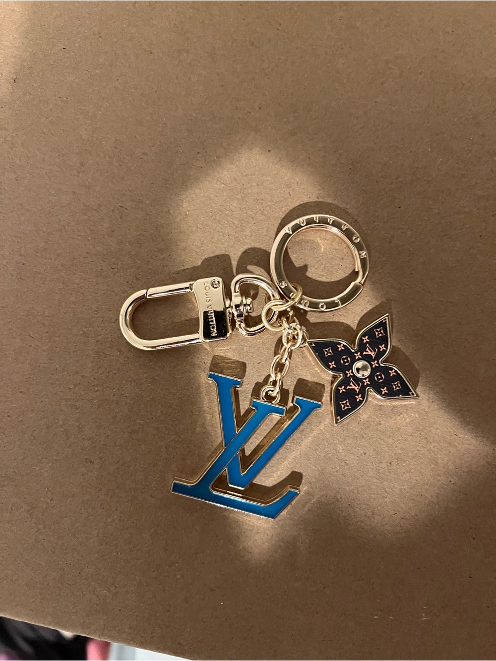 Blue & Brown Monogram Bag Charm or Keychain with Stamped Gold Hardware